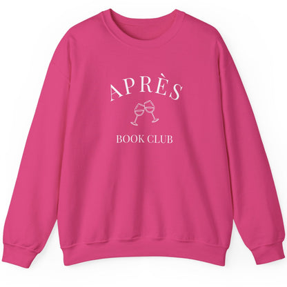 Pink sweatshirt with 'APRèS BOOK CLUB' text and design on a white background