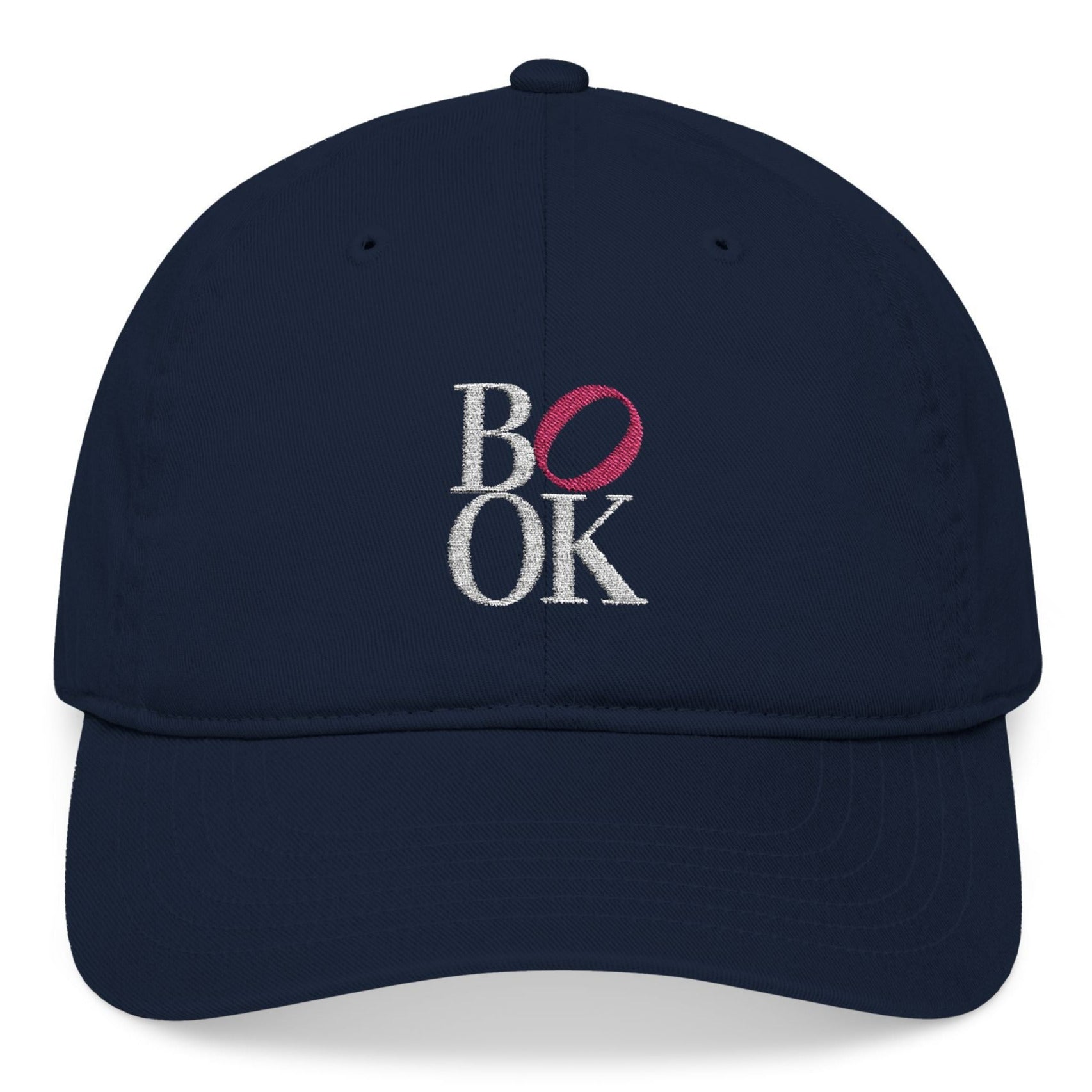 Navy blue cap with 'BOOK' logo on a white background