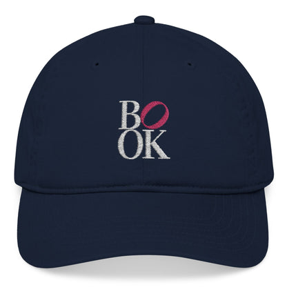 Navy blue cap with 'BOOK' logo on a white background