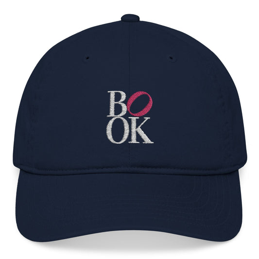 Navy blue cap with 'BOOK' logo on a white background