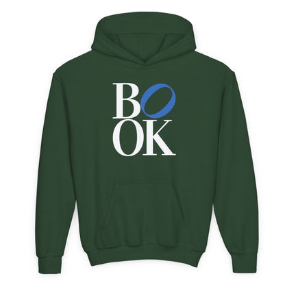 Green hoodie with 'BOOK' text on the back against a white background