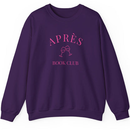 Purple sweatshirt with 'APRèS BOOK CLUB' text on a white background