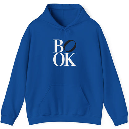 Blue hoodie with 'BOOK' text on a white background
