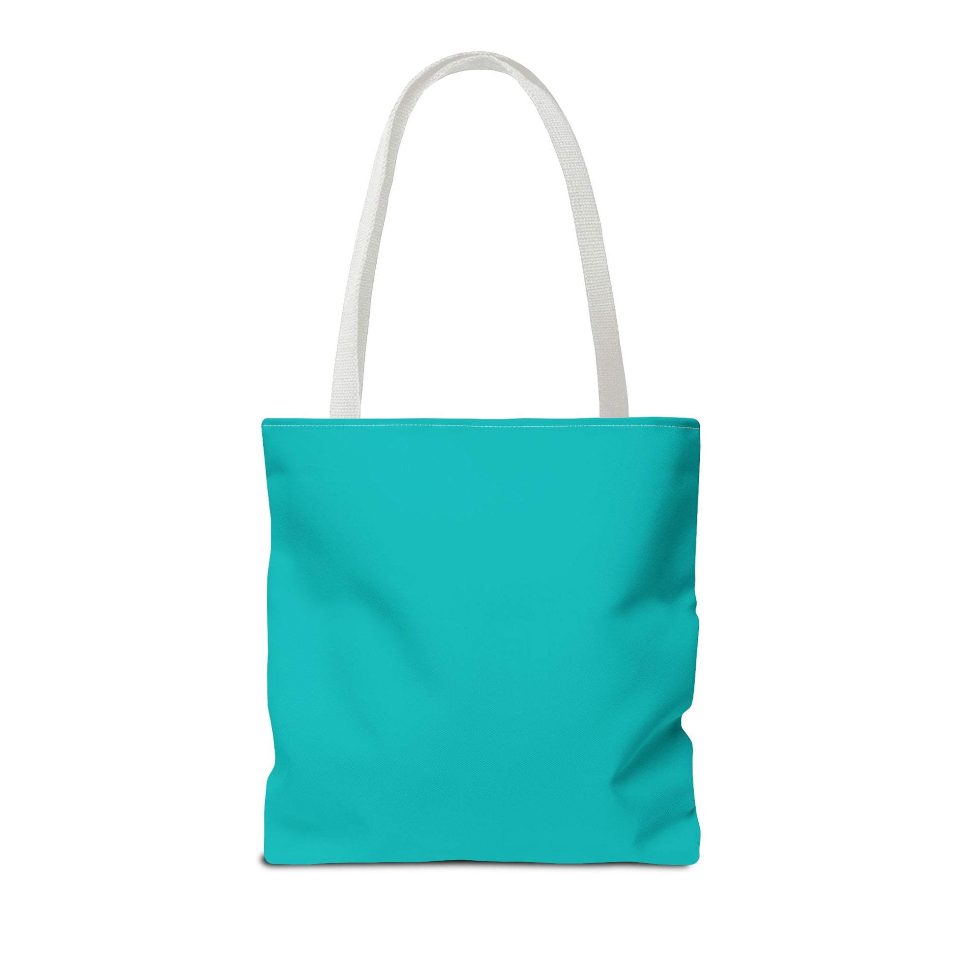 Turquoise tote bag with white handle on a white background