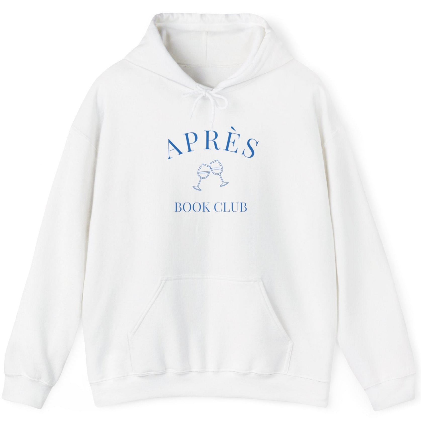 White hoodie with 'APRèS BOOK CLUB' text on a white background