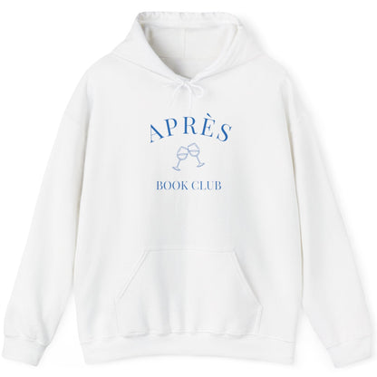 White hoodie with 'APRèS BOOK CLUB' text on a white background