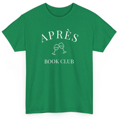 Green t-shirt with 'APRÈS BOOK CLUB' text and graphics on a white background