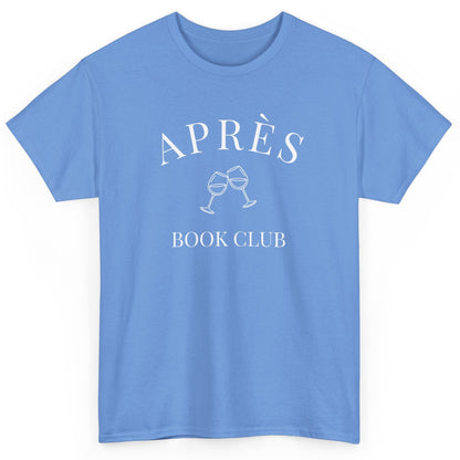 Blue t-shirt with 'APRÈS BOOK CLUB' text and graphic on a white background