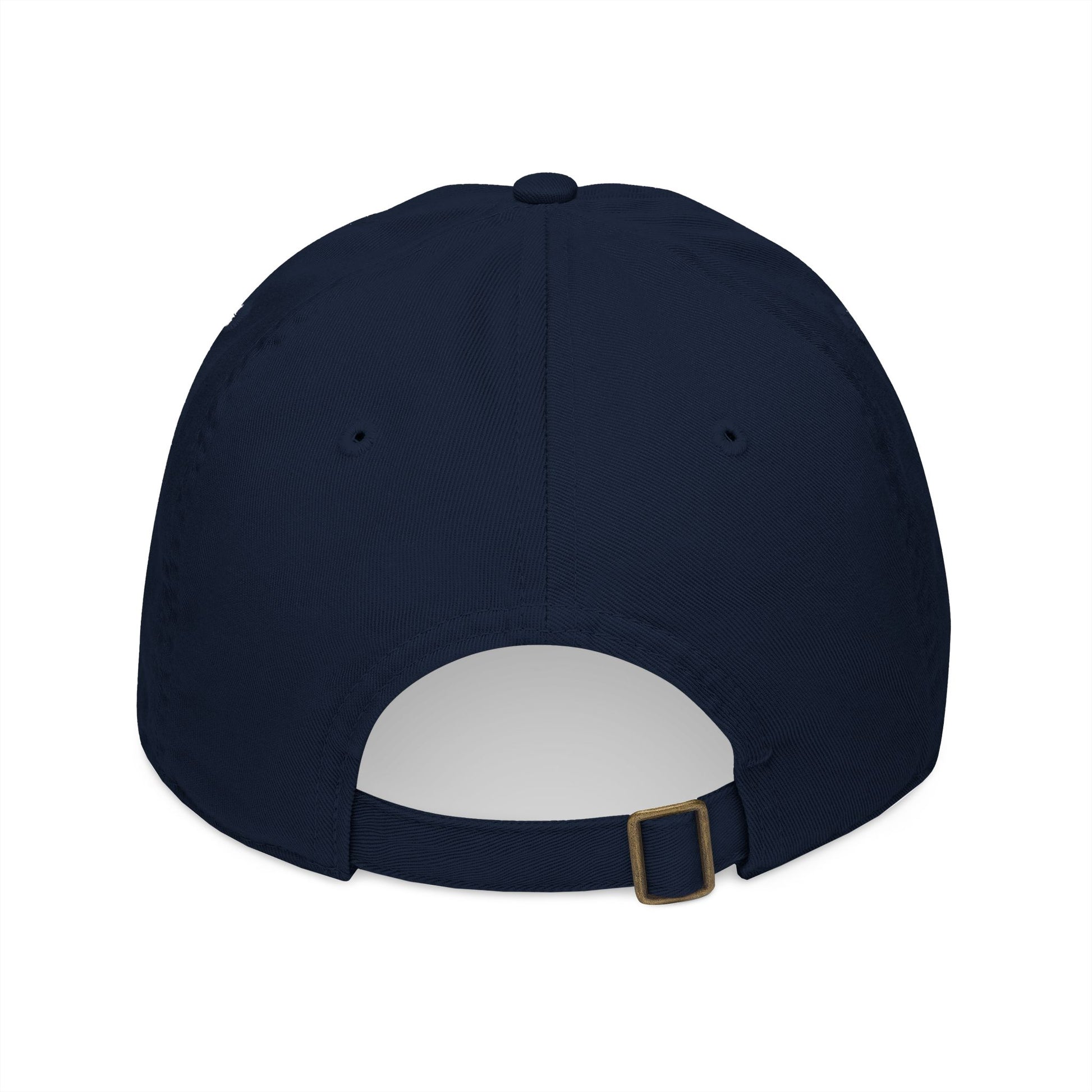 Navy blue baseball cap with a white interior and gold buckle on a white background