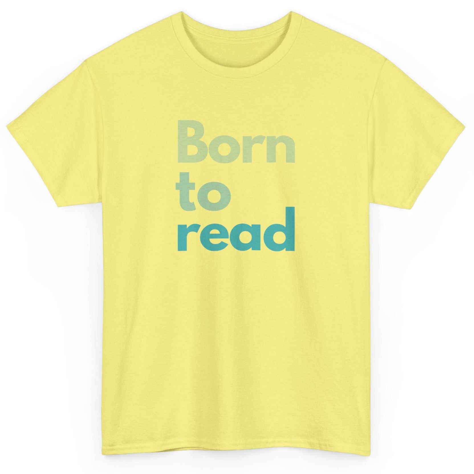 Yellow t-shirt with 'Born to read' text on a white background