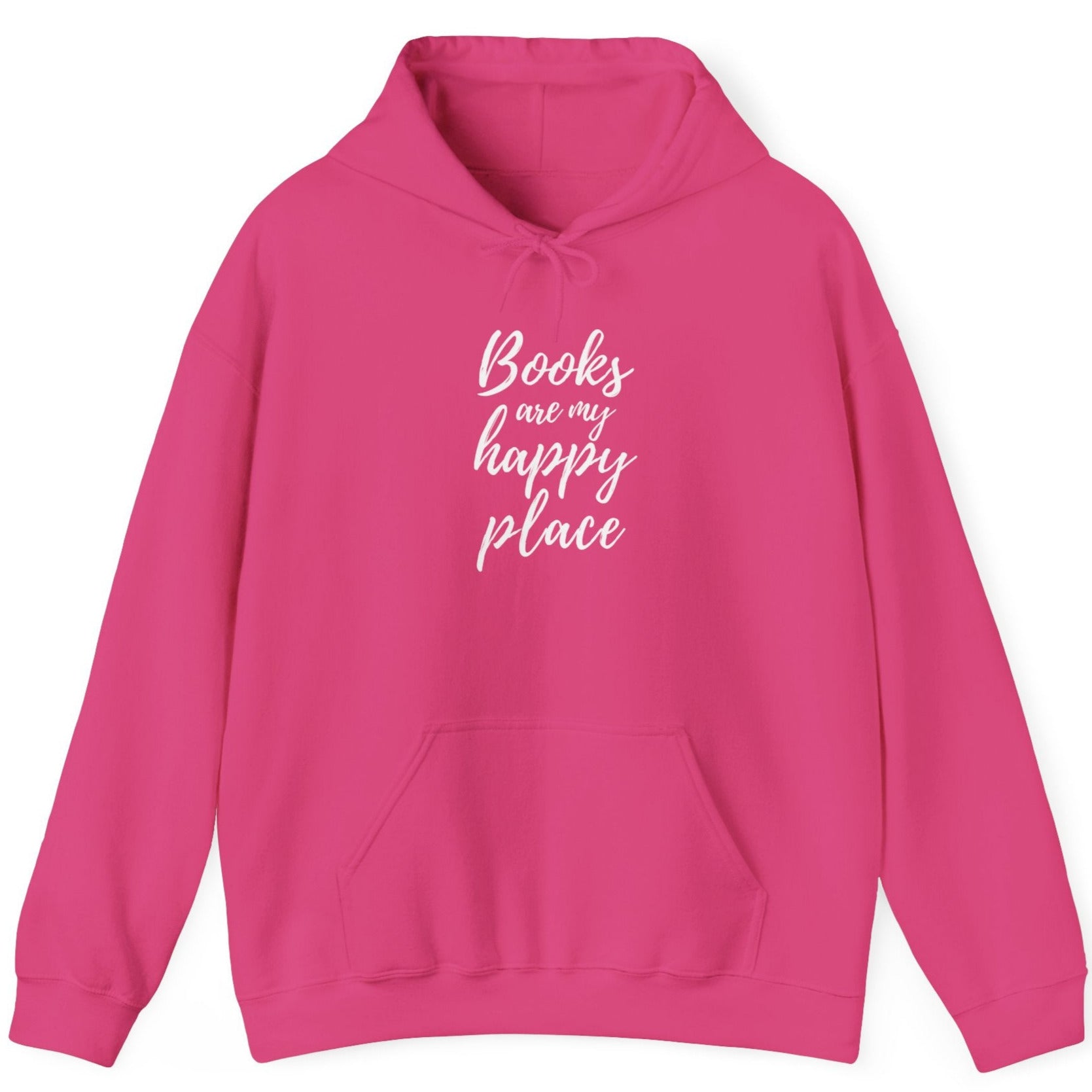 Pink hoodie with 'Books are my happy place' text on a white background