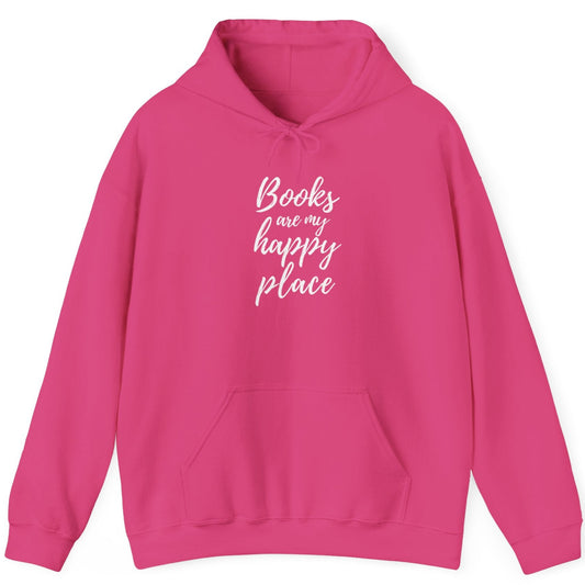 Pink hoodie with 'Books are my happy place' text on a white background