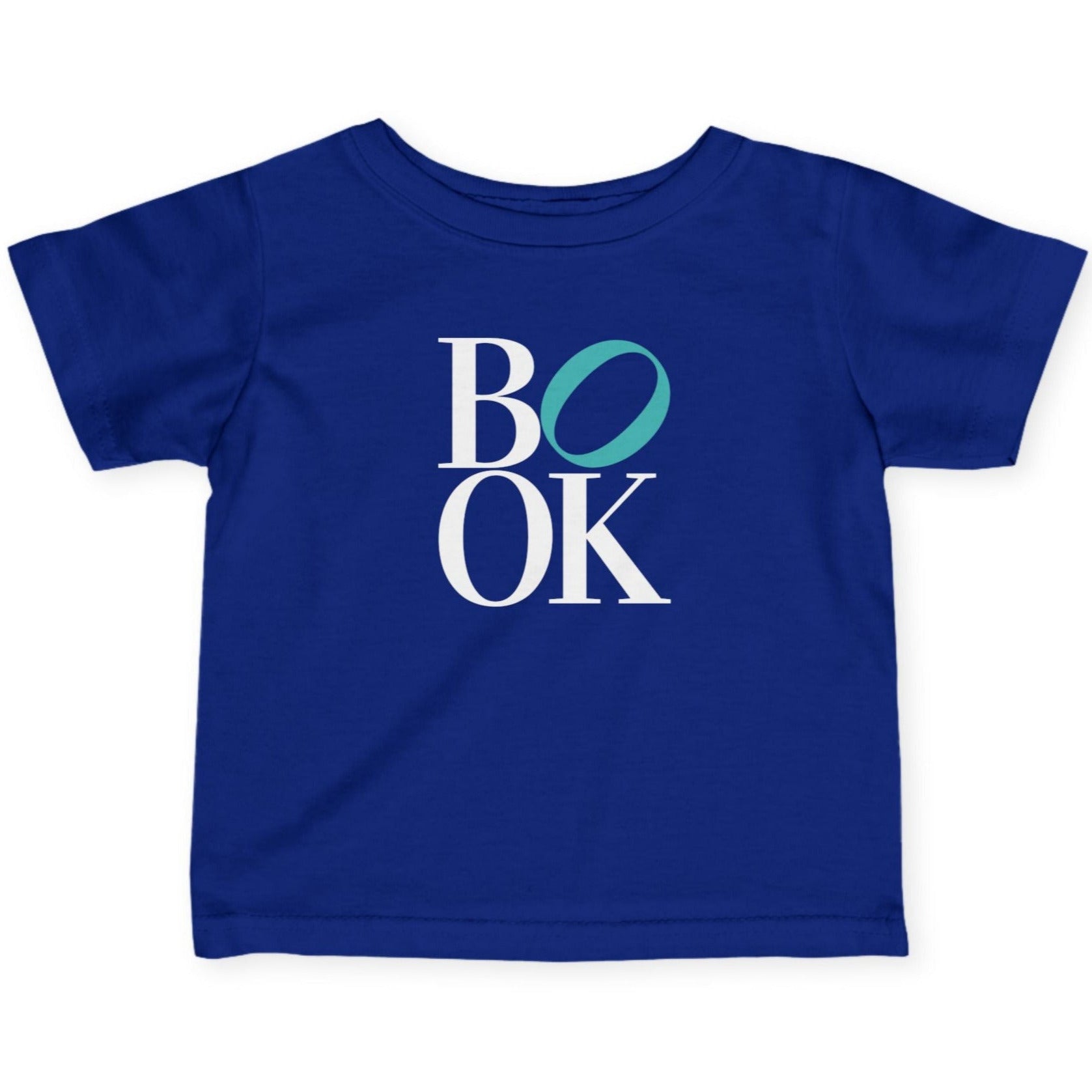 Blue t-shirt with 'BOOK' text on a white background