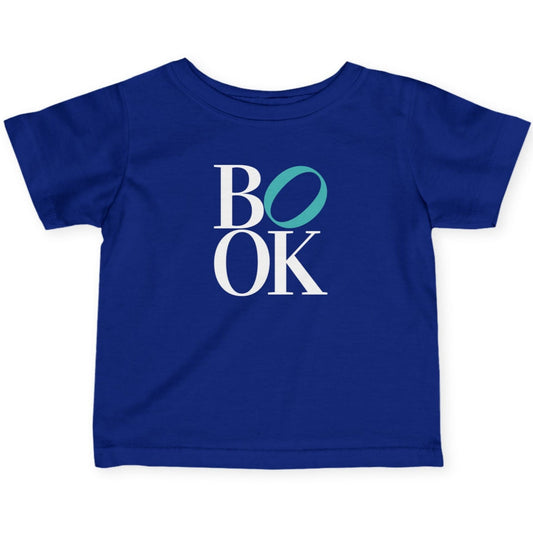 Blue t-shirt with 'BOOK' text on a white background