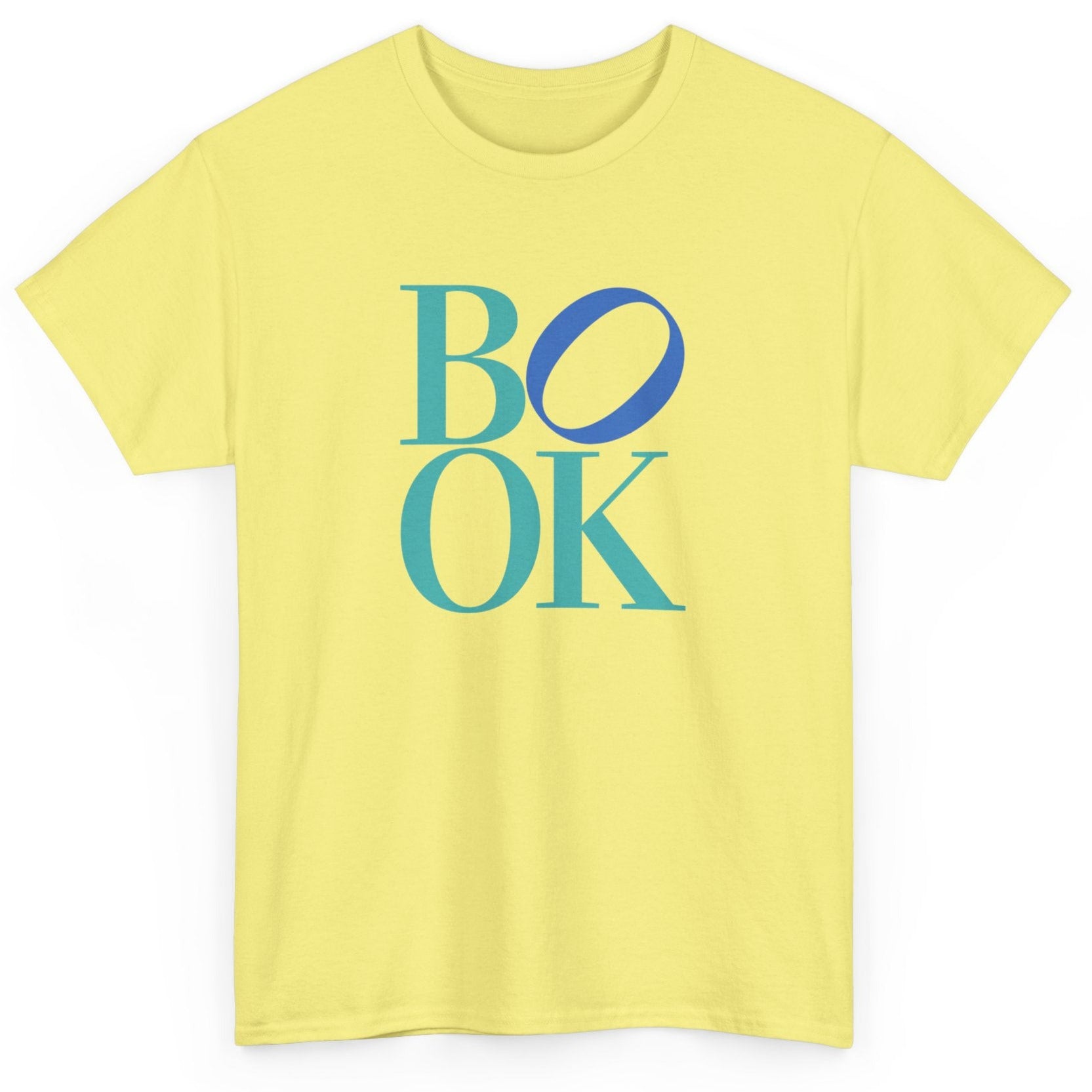Yellow t-shirt with 'BOOK' printed in blue and teal on a white background