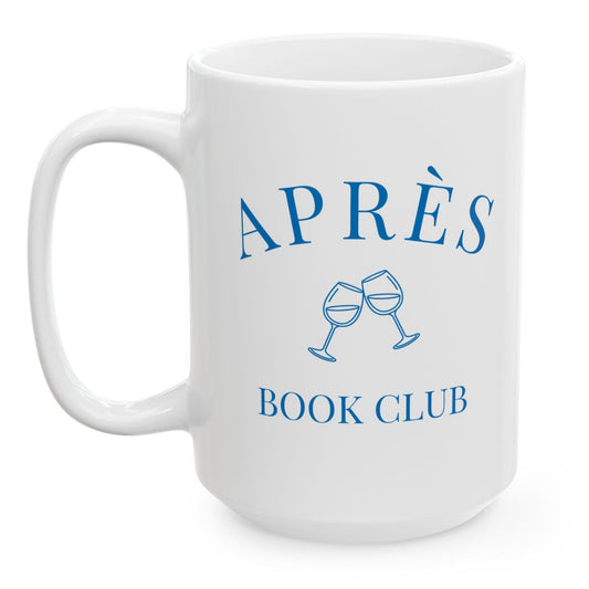 White mug with blue text and wine glass illustrations on a white background