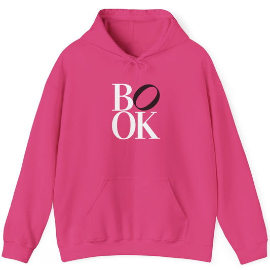 Pink hoodie with 'BOOK' text on a white background
