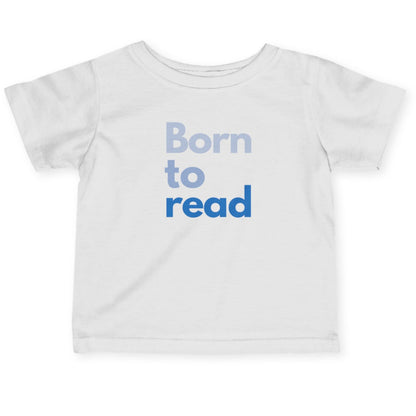 White t-shirt with 'Born to read' text on a white background