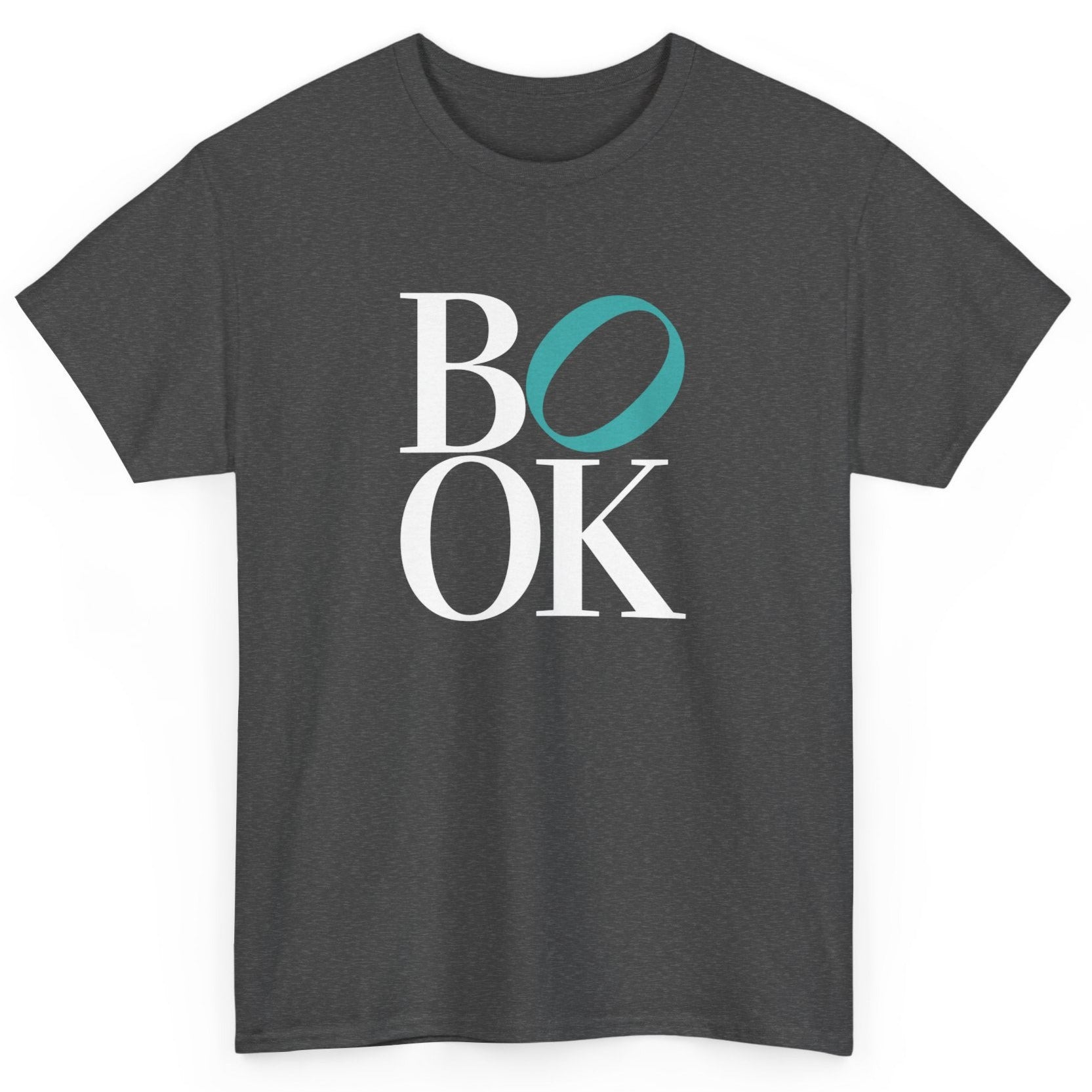 Dark gray t-shirt with 'BOOK' text design on a white background