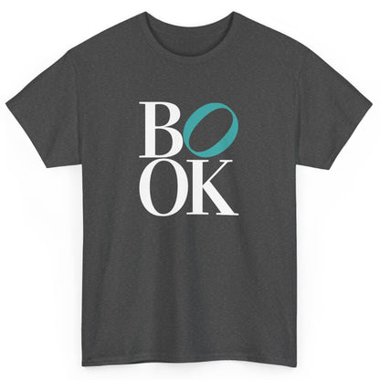 Dark gray t-shirt with 'BOOK' text design on a white background