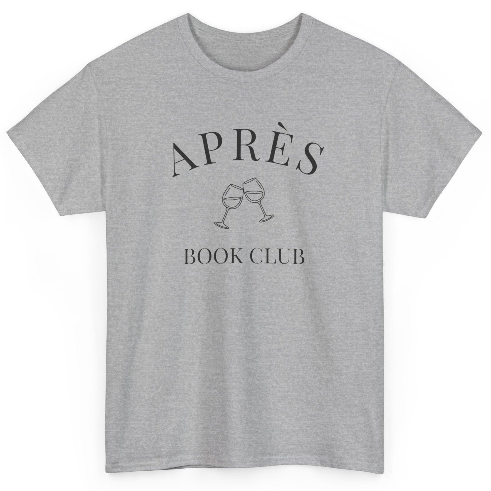 Gray t-shirt with 'APRÈS BOOK CLUB' text and wine glass graphics on a white background