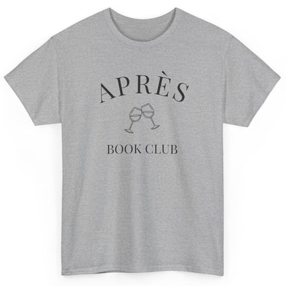 Gray t-shirt with 'APRÈS BOOK CLUB' text and wine glass graphics on a white background