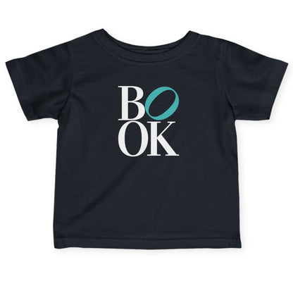 Black t-shirt with 'BOOK' text design on a white background