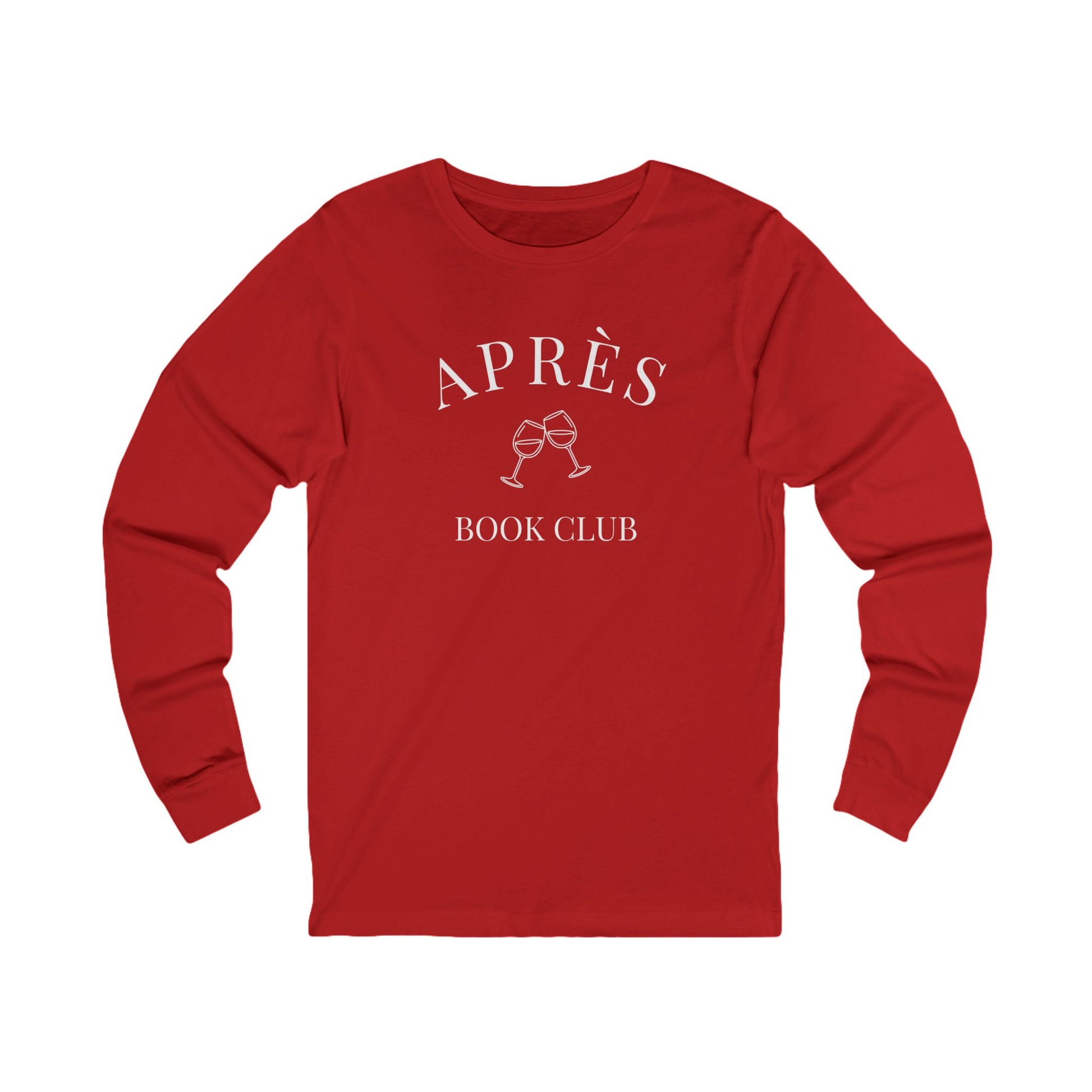 Red long-sleeve shirt with 'Apres Book Club' text and wine glass graphics on a white background
