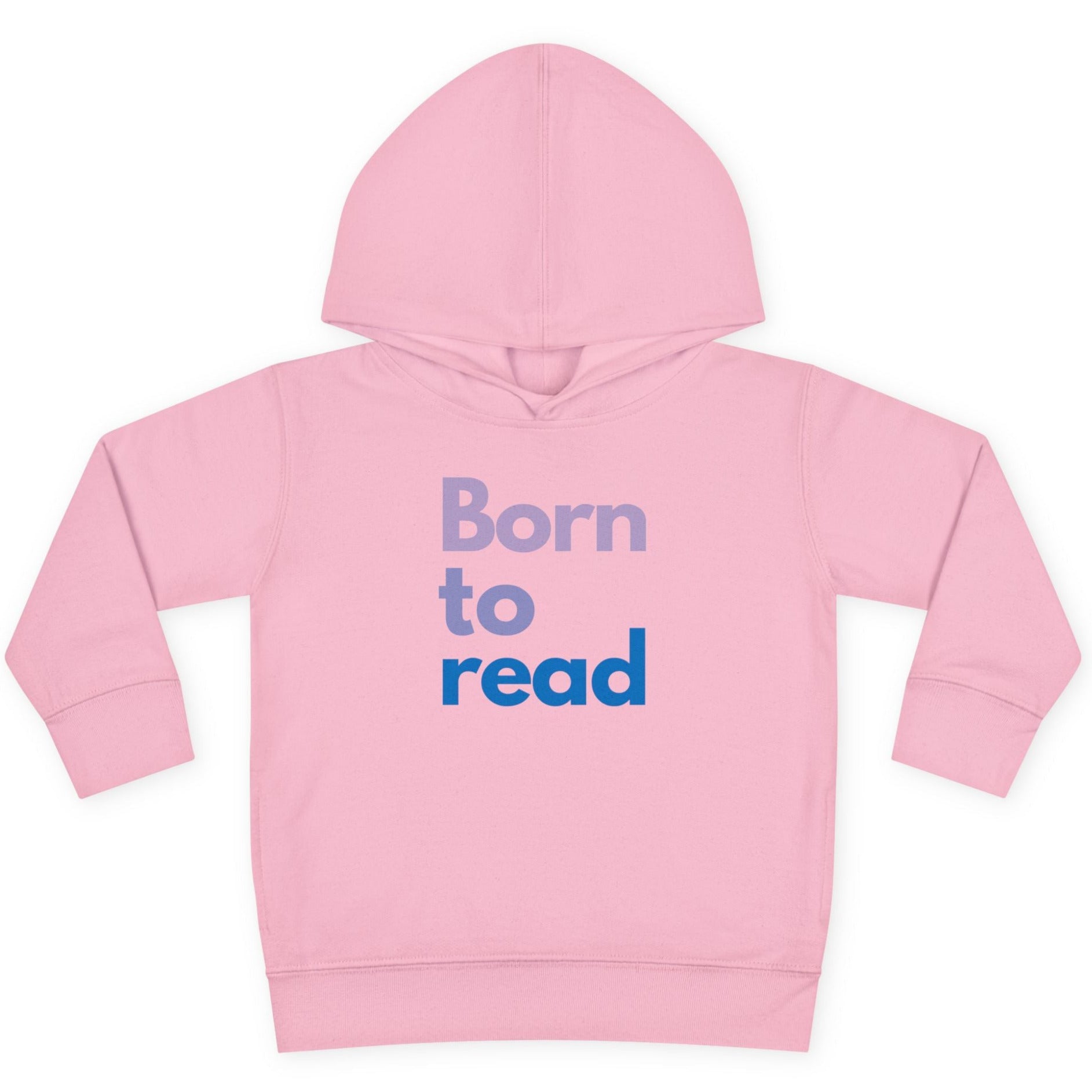 Pink hoodie with 'Born to read' text on a white background
