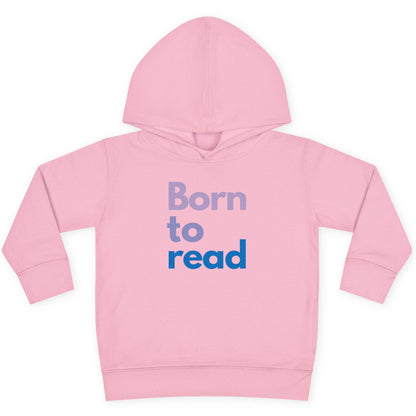 Pink hoodie with 'Born to read' text on a white background