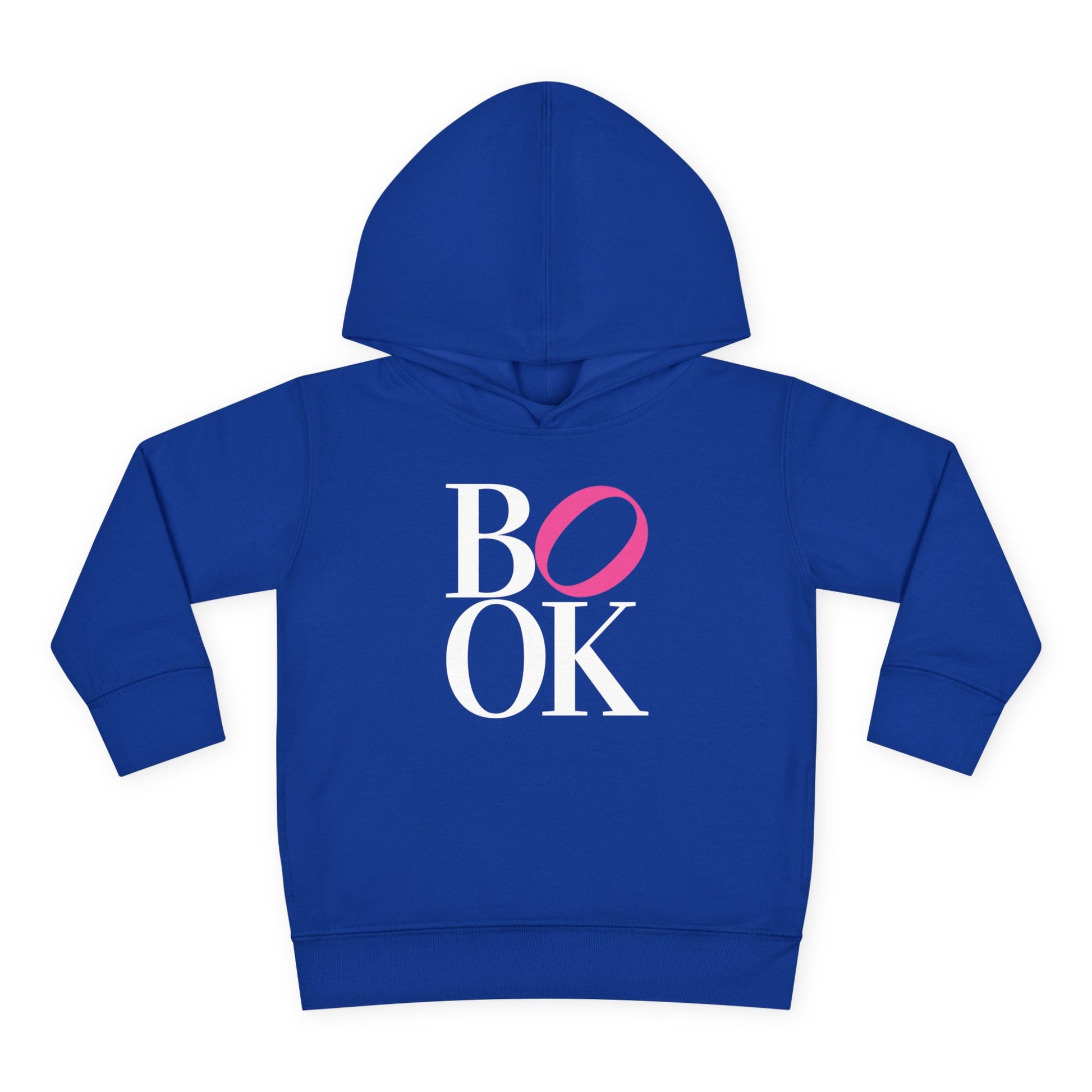 Blue hoodie with 'BOOK' printed on it against a white background