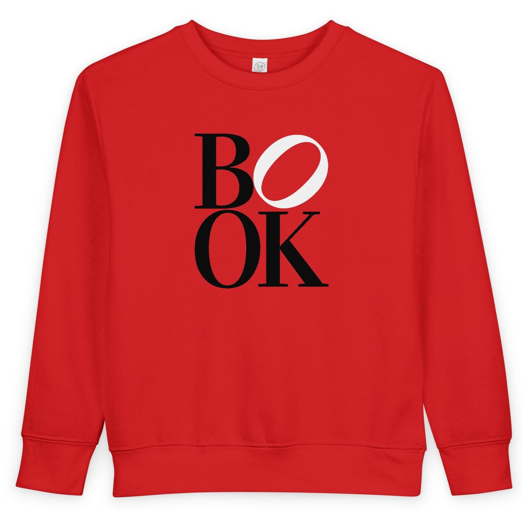 Red sweatshirt with 'BOOK' printed on it against a white background