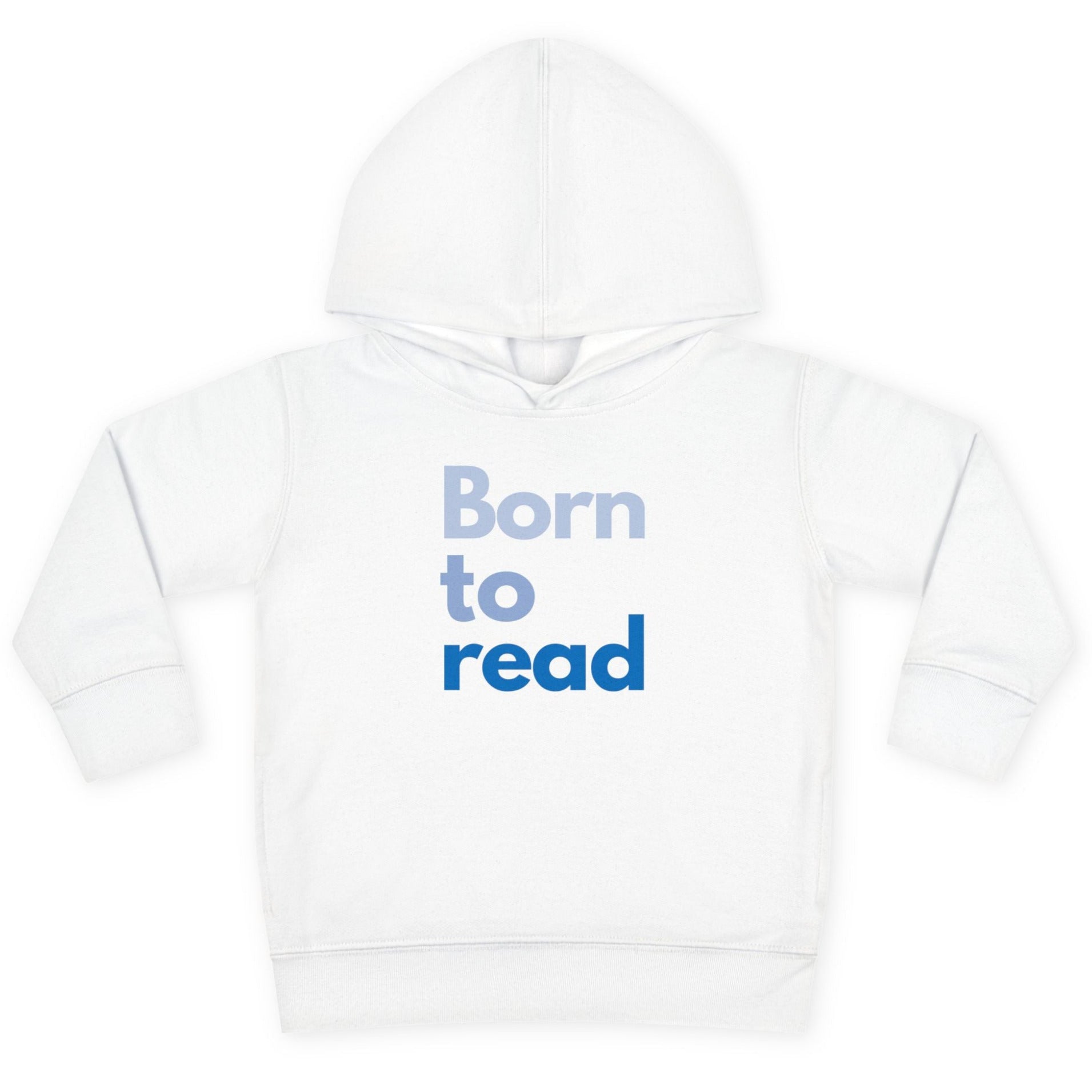White hoodie with 'Born to read' text on a white background