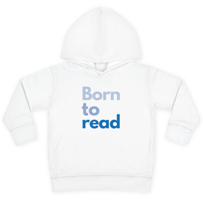 White hoodie with 'Born to read' text on a white background