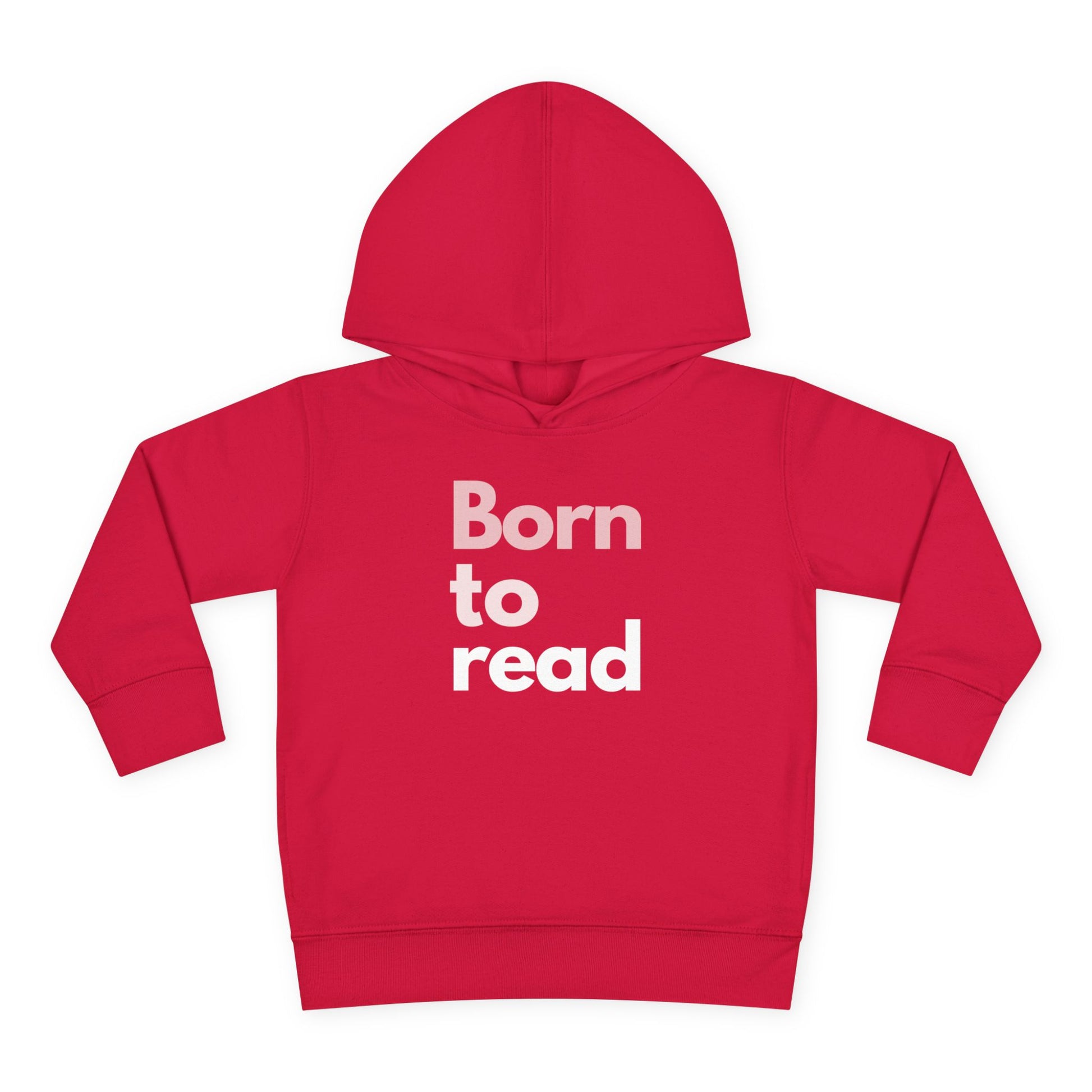 Red hoodie with 'Born to read' text on a white background