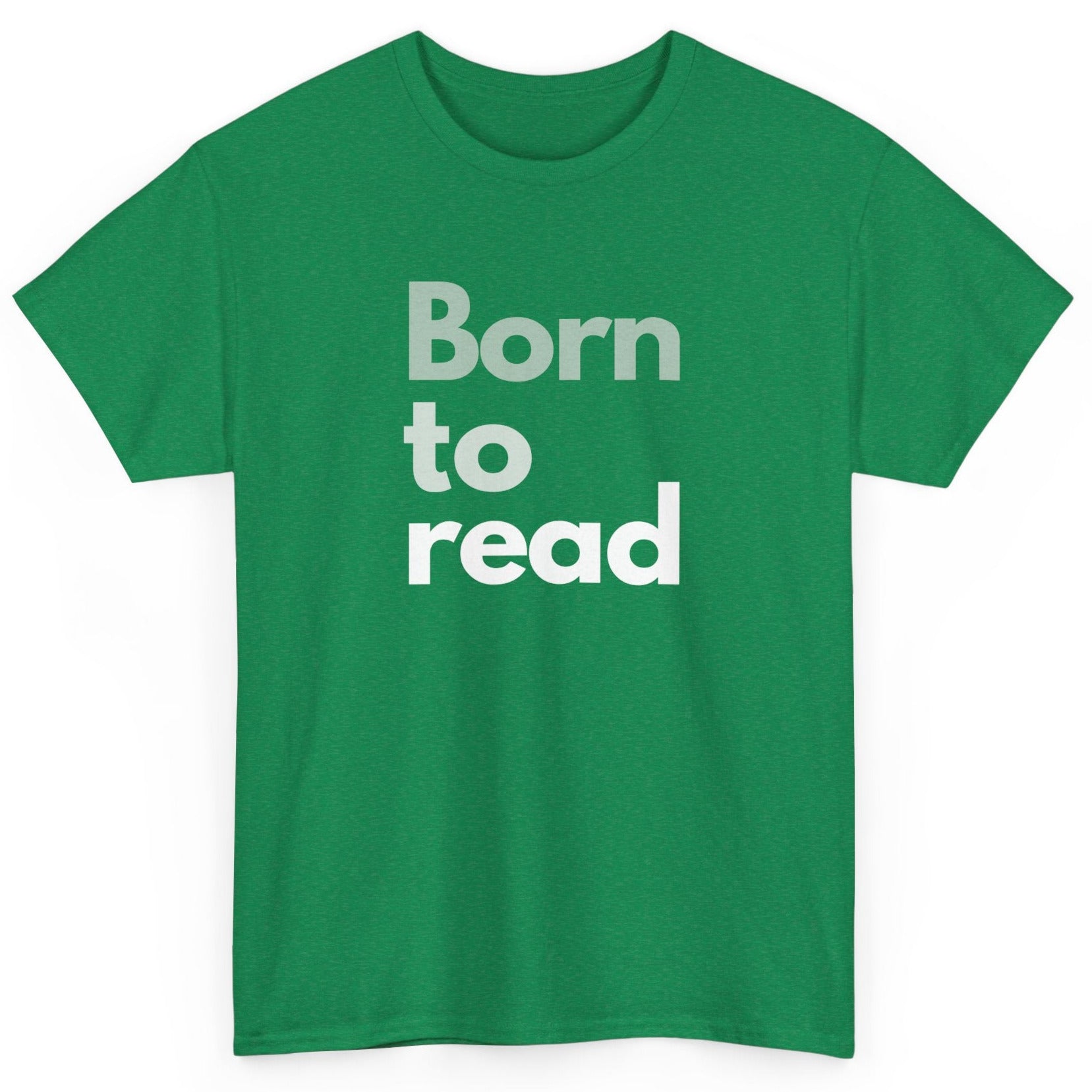 Green t-shirt with 'Born to read' text on a white background