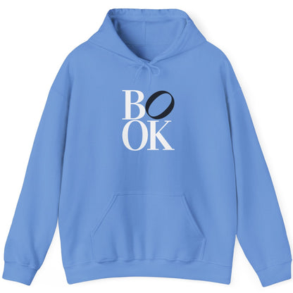Blue hoodie with 'BOOK' text on a white background