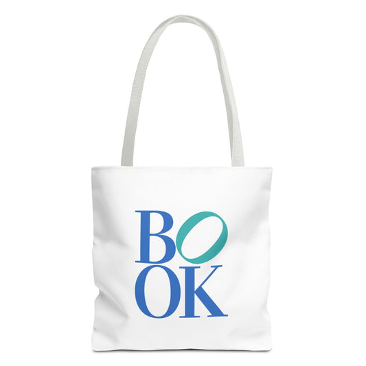 White tote bag with 'BOOK' printed in blue and green on a white background