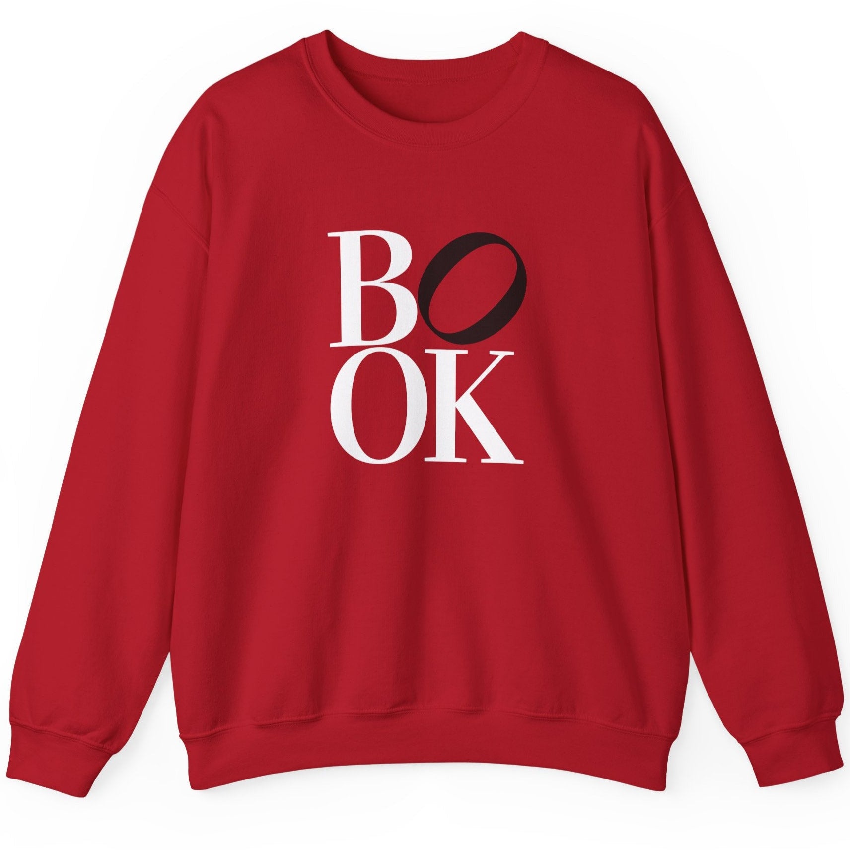 Red sweatshirt with 'BOOK' text on a white background