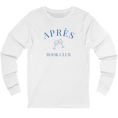 White long-sleeve shirt with 'Ap
es Book Club' text and graphics on a white background