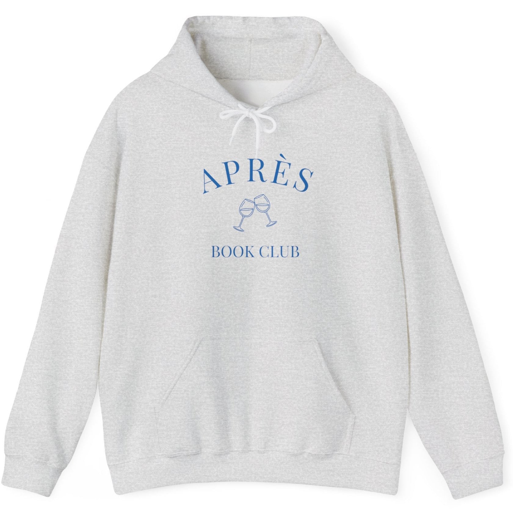 Gray hoodie with blue text and logo on a white background