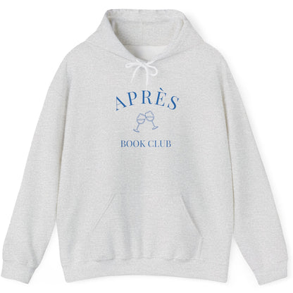 Gray hoodie with blue text and logo on a white background
