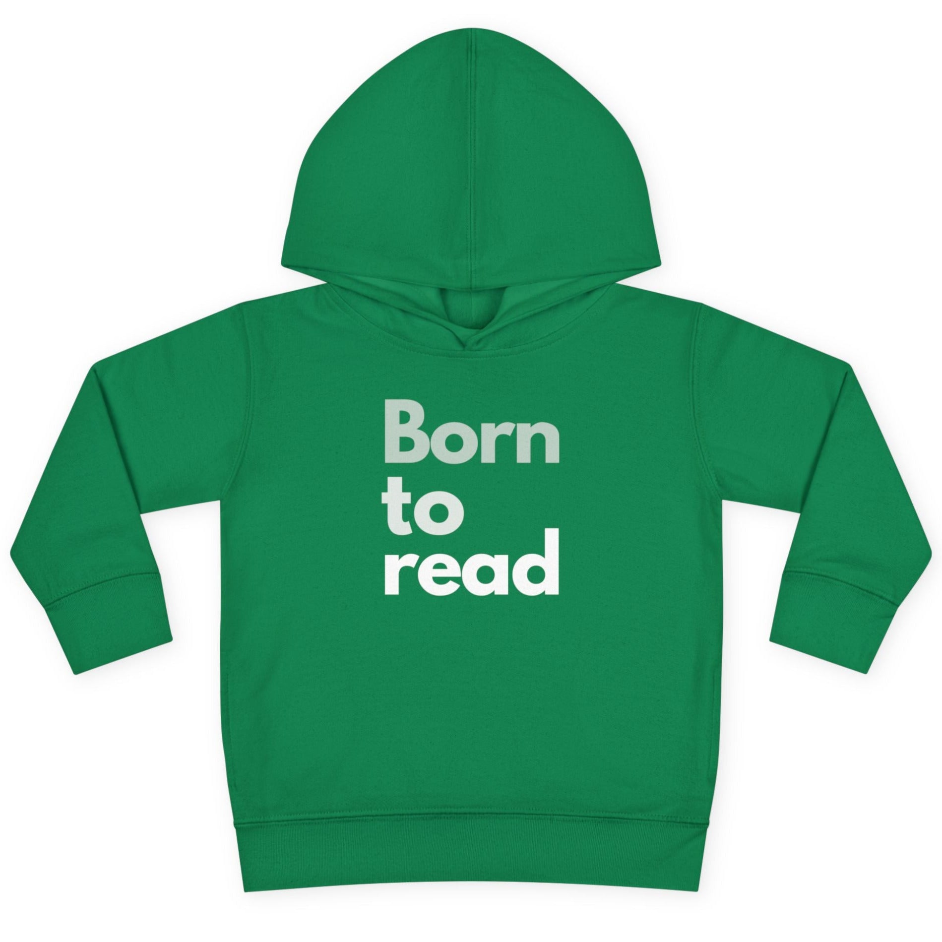 Green hoodie with 'Born to read' text on a white background