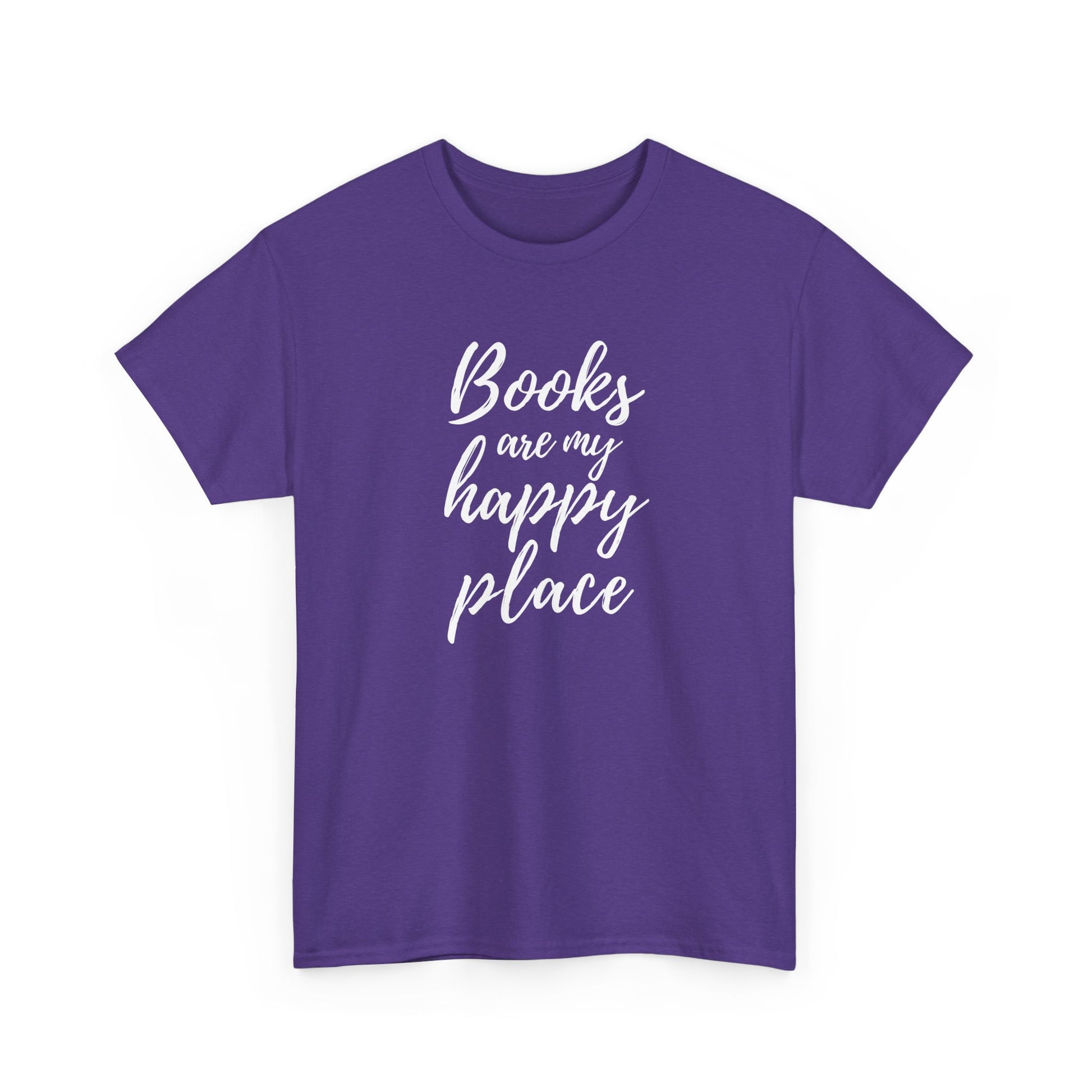 Purple t-shirt with 'Books are my happy place' text on a white background