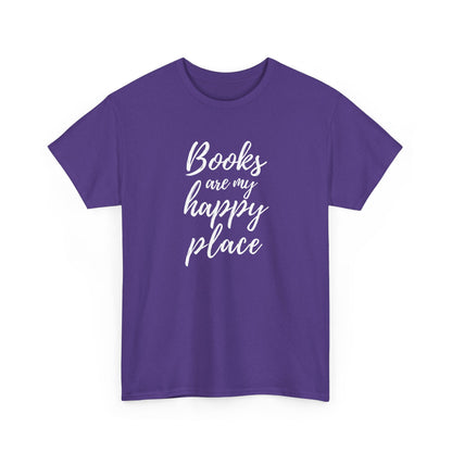 Purple t-shirt with 'Books are my happy place' text on a white background