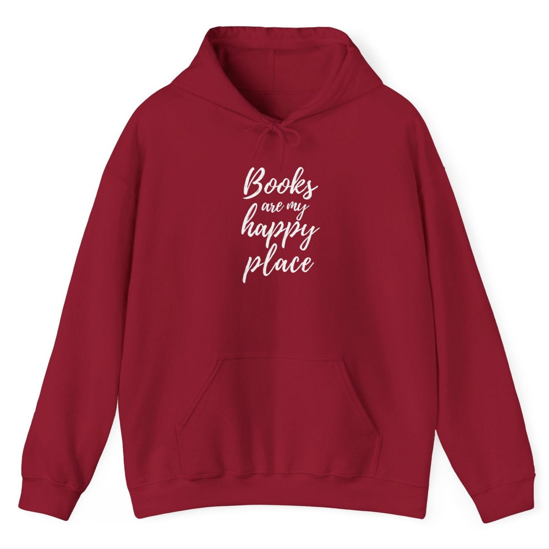 Red hoodie with 'Books are my happy place' text on a white background