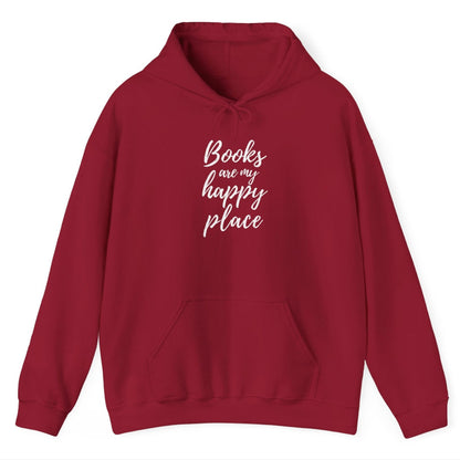 Red hoodie with 'Books are my happy place' text on a white background