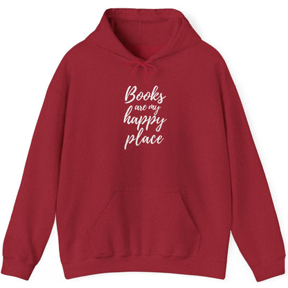 Red hoodie with 'Books are my happy place' text on a white background