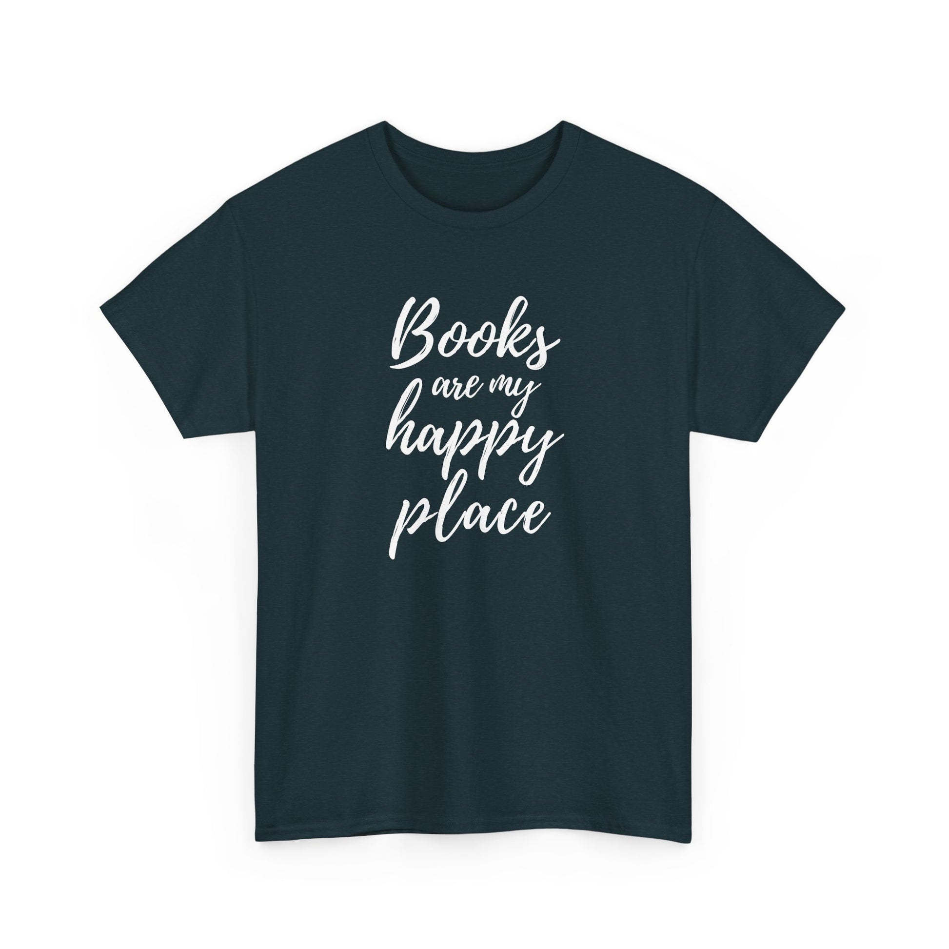 Navy blue t-shirt with 'Books are my happy place' text on a white background