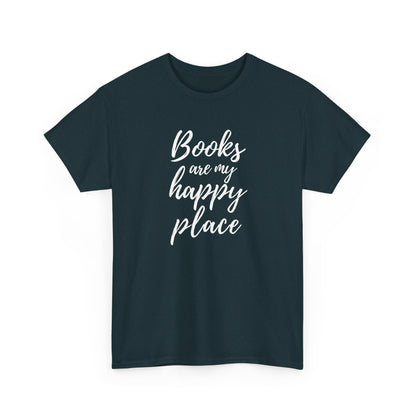 Navy blue t-shirt with 'Books are my happy place' text on a white background